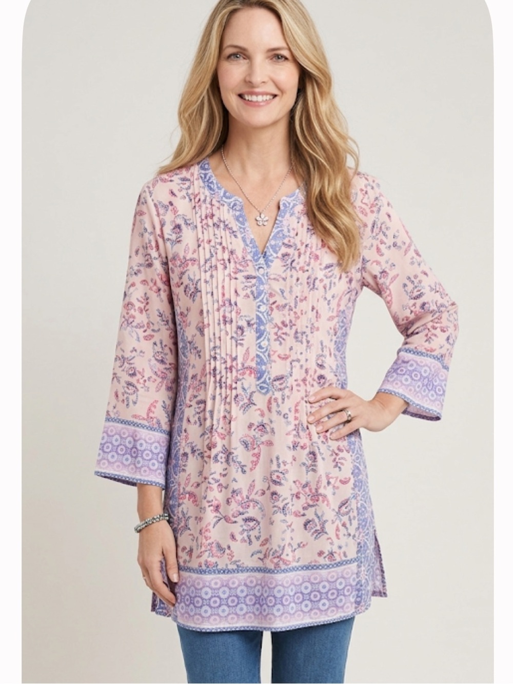 Coldwater Creek size M Pink and Blue Floral Pintuck Tunic